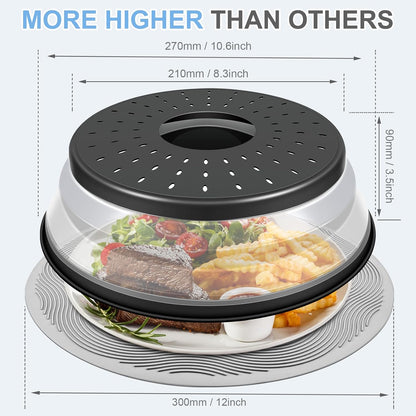 Pack 2, Microwave Food Cover with Mat 12 Inch, Mat as Bowl Holder, Cover for Splatter Guard, Collapsible Lid for Plate, Multi-Use Silicone Mat & Kitchen Colander Gadget for Meal Prep, Charcoal