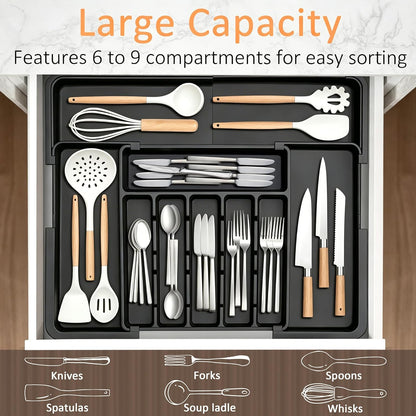 Silverware Organizer Expandable Kitchen Utensil Drawer Organizer Large BPA Free Adjustable Cutlery Silverware Tray for Spoons Forks Knives Storage Divider for Kitchen Flatware 6-9 Slots Black