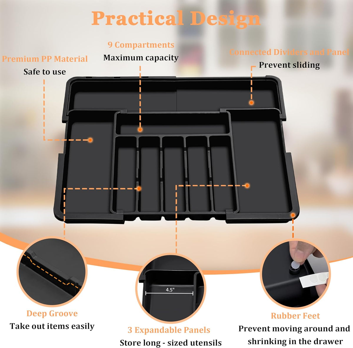 Silverware Organizer Expandable Kitchen Utensil Drawer Organizer Large BPA Free Adjustable Cutlery Silverware Tray for Spoons Forks Knives Storage Divider for Kitchen Flatware 6-9 Slots Black
