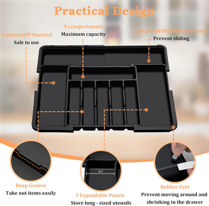 Silverware Organizer Expandable Kitchen Utensil Drawer Organizer Large BPA Free Adjustable Cutlery Silverware Tray for Spoons Forks Knives Storage Divider for Kitchen Flatware 6-9 Slots Black
