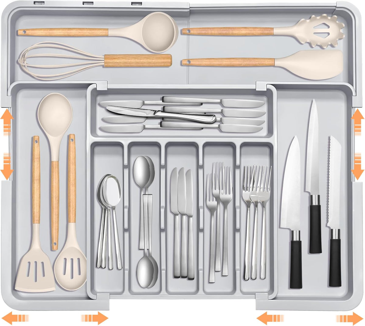 Silverware Organizer Expandable Kitchen Utensil Drawer Organizer Large BPA Free Adjustable Cutlery Silverware Tray for Spoons Forks Knives Storage Divider for Kitchen Flatware 6-9 Slots Black