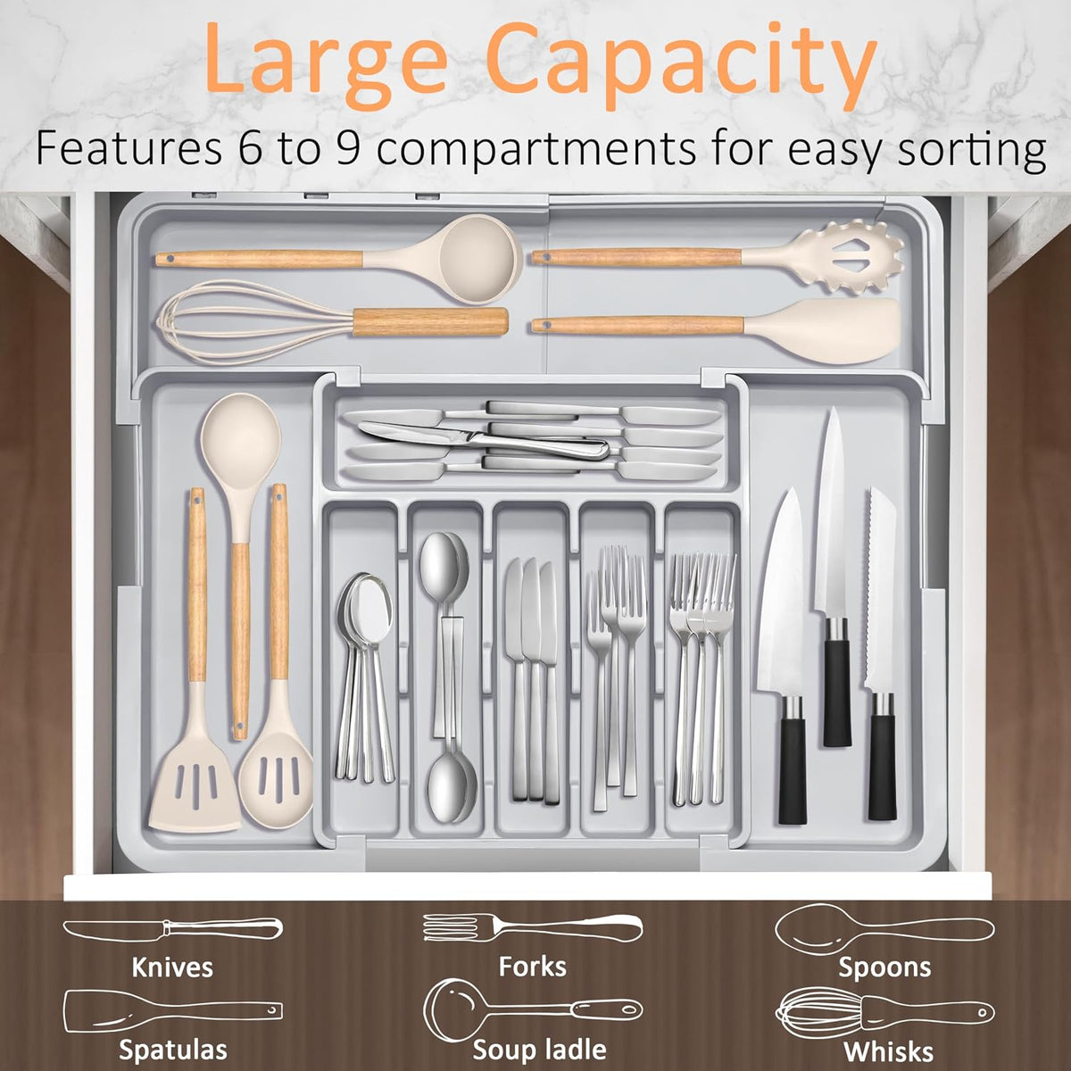 Silverware Organizer Expandable Kitchen Utensil Drawer Organizer Large BPA Free Adjustable Cutlery Silverware Tray for Spoons Forks Knives Storage Divider for Kitchen Flatware 6-9 Slots Black