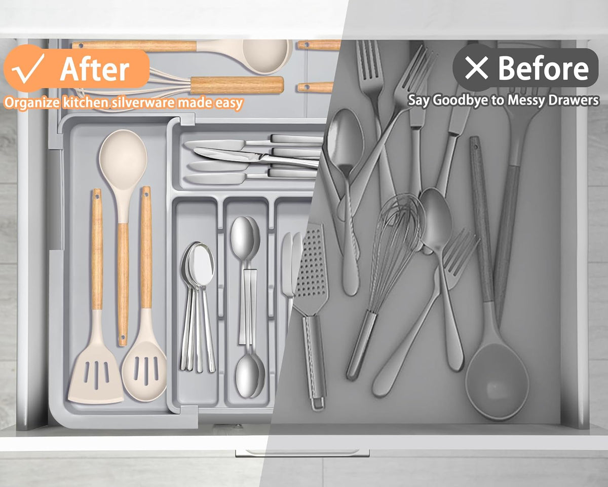 Silverware Organizer Expandable Kitchen Utensil Drawer Organizer Large BPA Free Adjustable Cutlery Silverware Tray for Spoons Forks Knives Storage Divider for Kitchen Flatware 6-9 Slots Black
