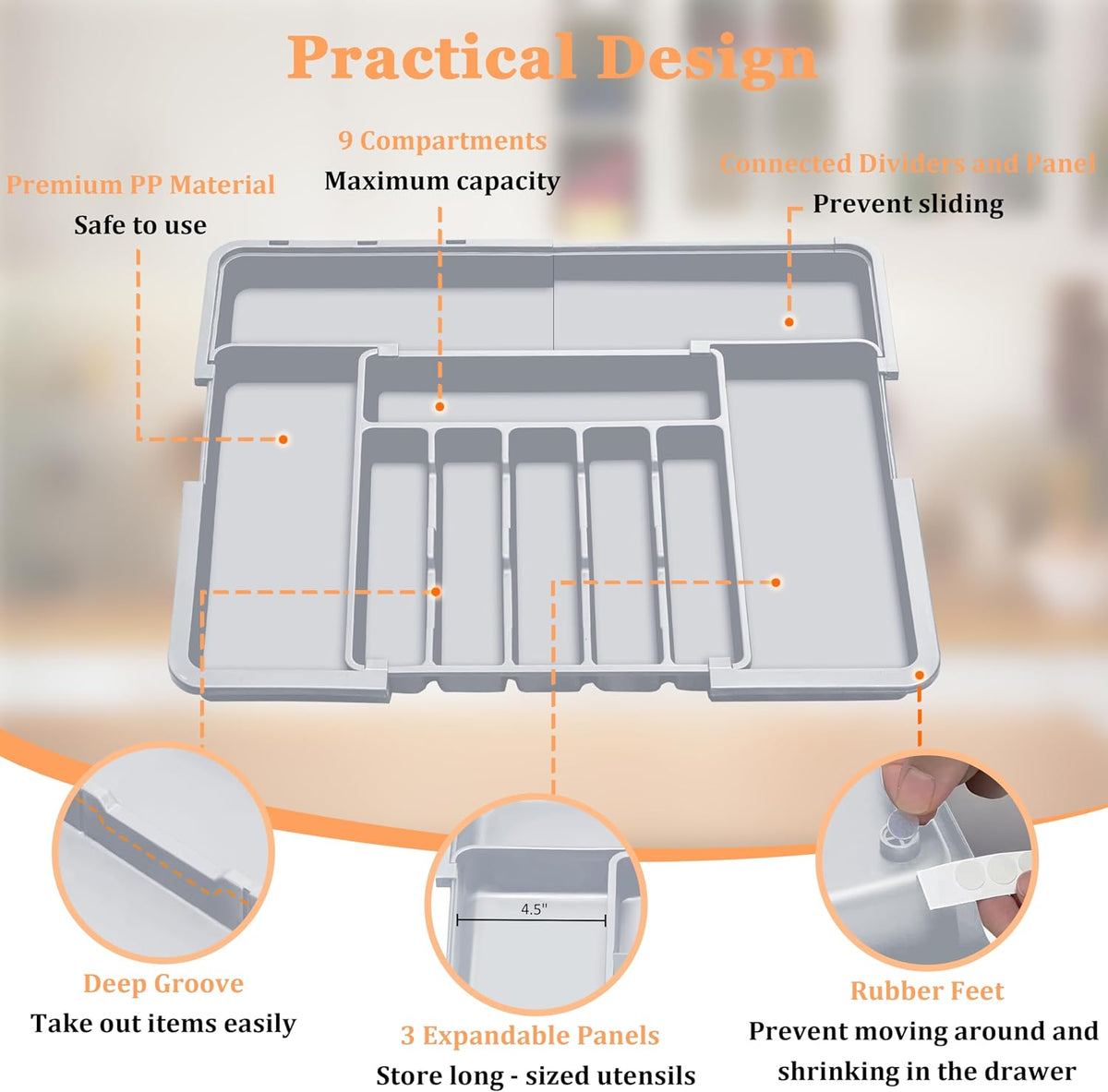 Silverware Organizer Expandable Kitchen Utensil Drawer Organizer Large BPA Free Adjustable Cutlery Silverware Tray for Spoons Forks Knives Storage Divider for Kitchen Flatware 6-9 Slots Black