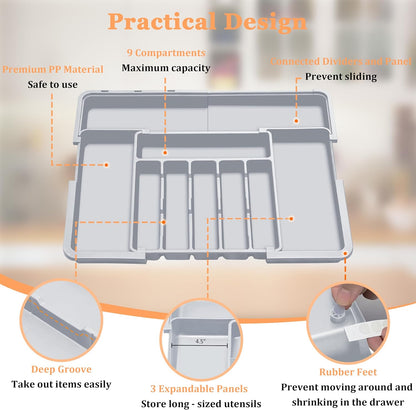 Silverware Organizer Expandable Kitchen Utensil Drawer Organizer Large BPA Free Adjustable Cutlery Silverware Tray for Spoons Forks Knives Storage Divider for Kitchen Flatware 6-9 Slots Black