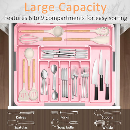 Silverware Organizer Expandable Kitchen Utensil Drawer Organizer Large BPA Free Adjustable Cutlery Silverware Tray for Spoons Forks Knives Storage Divider for Kitchen Flatware 6-9 Slots Black