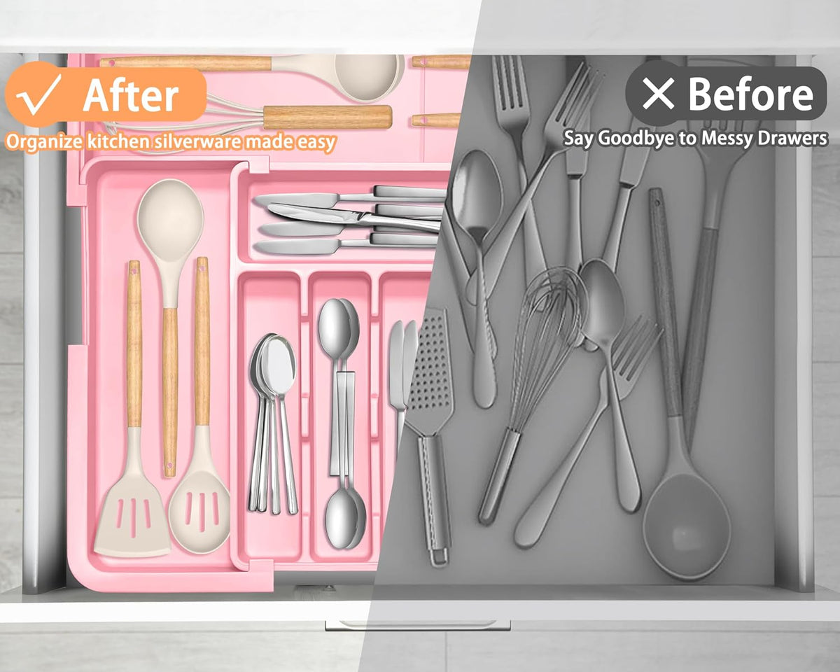 Silverware Organizer Expandable Kitchen Utensil Drawer Organizer Large BPA Free Adjustable Cutlery Silverware Tray for Spoons Forks Knives Storage Divider for Kitchen Flatware 6-9 Slots Black