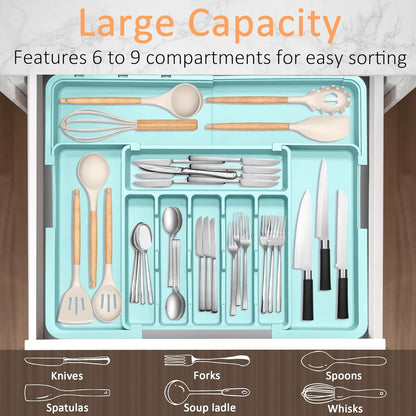 Silverware Organizer Expandable Kitchen Utensil Drawer Organizer Large BPA Free Adjustable Cutlery Silverware Tray for Spoons Forks Knives Storage Divider for Kitchen Flatware 6-9 Slots Black