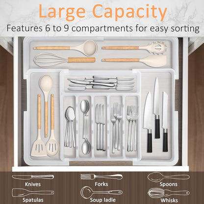 Silverware Organizer Expandable Kitchen Utensil Drawer Organizer Large BPA Free Adjustable Cutlery Silverware Tray for Spoons Forks Knives Storage Divider for Kitchen Flatware 6-9 Slots Black