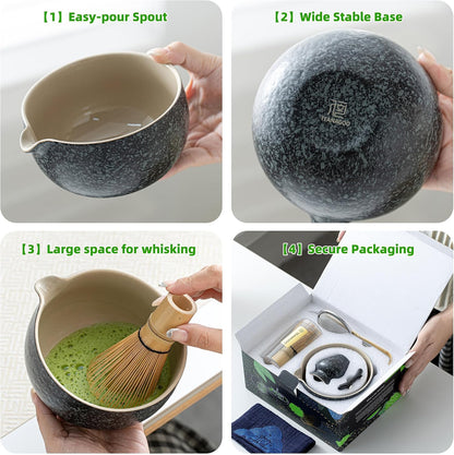 Matcha Whisk Set Black, Matcha Set,Matcha Kit for Ceremony,Tradition Tea Set for Making Breakfast/Latte,Matcha Whisk Set with Bowl(Chawan)/Whisk and Holder,Gift for Family/Friend