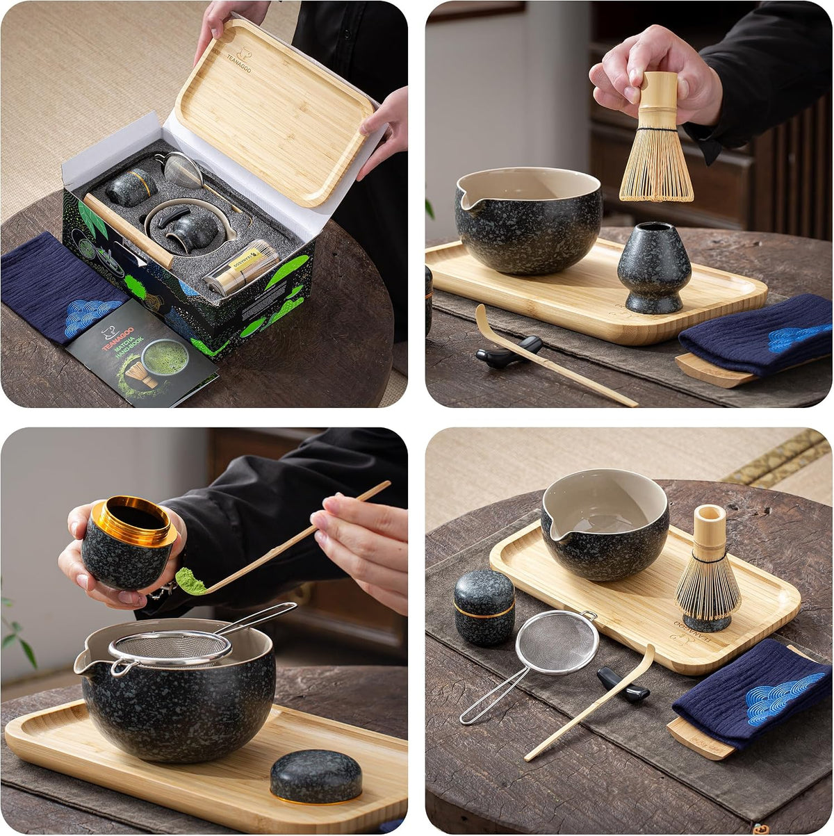 Matcha Whisk Set Black, Matcha Set,Matcha Kit for Ceremony,Tradition Tea Set for Making Breakfast/Latte,Matcha Whisk Set with Bowl(Chawan)/Whisk and Holder,Gift for Family/Friend
