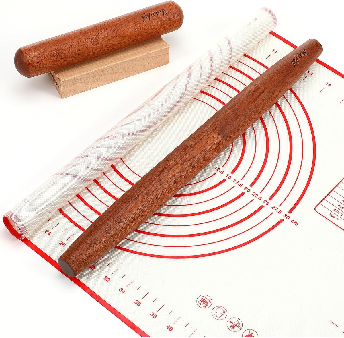 4 Pcs Sapele Wood French Rolling Pin Set Tapered and Mini Wooden Rolling Pins(15.7inch, 7.8inch)with Silicone Baking Mat and Beech Wood Base for Baking Fondant Pizza Pasta Pie Crust Pastries