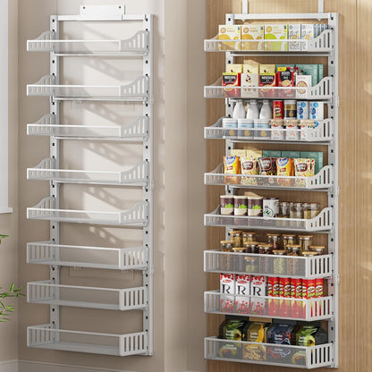 Over the Door Pantry Organizer 8-Tier, Large Metal Door Spice Rack with Adjustable Basket, 2 in 1 Wall Mount or Hanging Heavy-Duty Pantry Door Storage Shelf for Kitchen and Bathroom, White