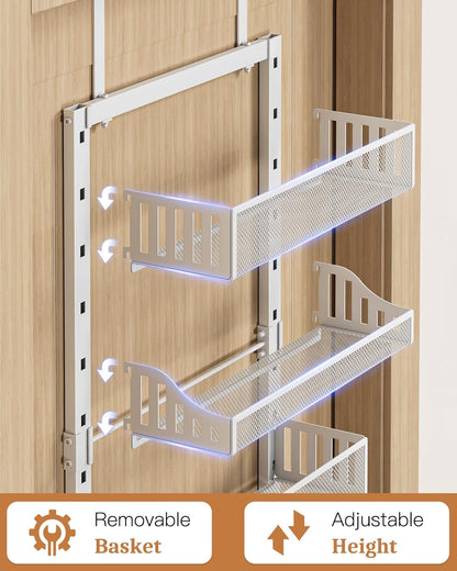 Over the Door Pantry Organizer 8-Tier, Large Metal Door Spice Rack with Adjustable Basket, 2 in 1 Wall Mount or Hanging Heavy-Duty Pantry Door Storage Shelf for Kitchen and Bathroom, White