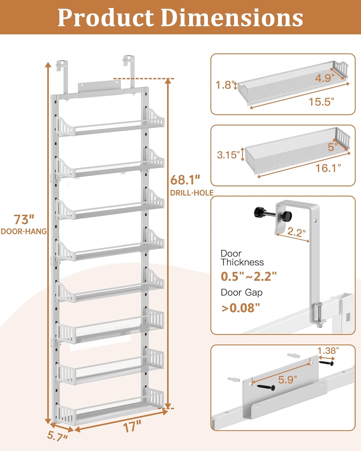 Over the Door Pantry Organizer 8-Tier, Large Metal Door Spice Rack with Adjustable Basket, 2 in 1 Wall Mount or Hanging Heavy-Duty Pantry Door Storage Shelf for Kitchen and Bathroom, White
