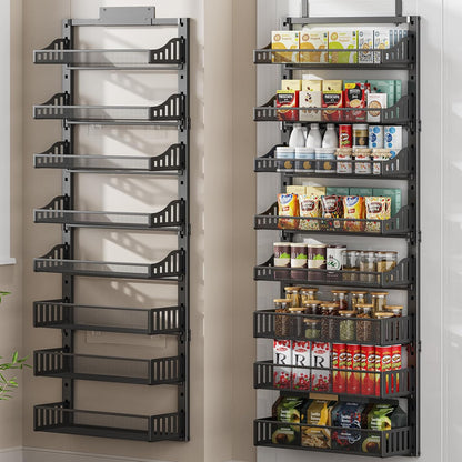 Over the Door Pantry Organizer 8-Tier, Large Metal Door Spice Rack with Adjustable Basket, 2 in 1 Wall Mount or Hanging Heavy-Duty Pantry Door Storage Shelf for Kitchen and Bathroom, White
