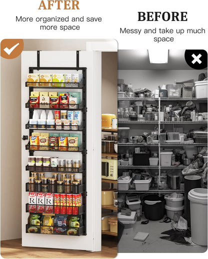 Over the Door Pantry Organizer 8-Tier, Large Metal Door Spice Rack with Adjustable Basket, 2 in 1 Wall Mount or Hanging Heavy-Duty Pantry Door Storage Shelf for Kitchen and Bathroom, White