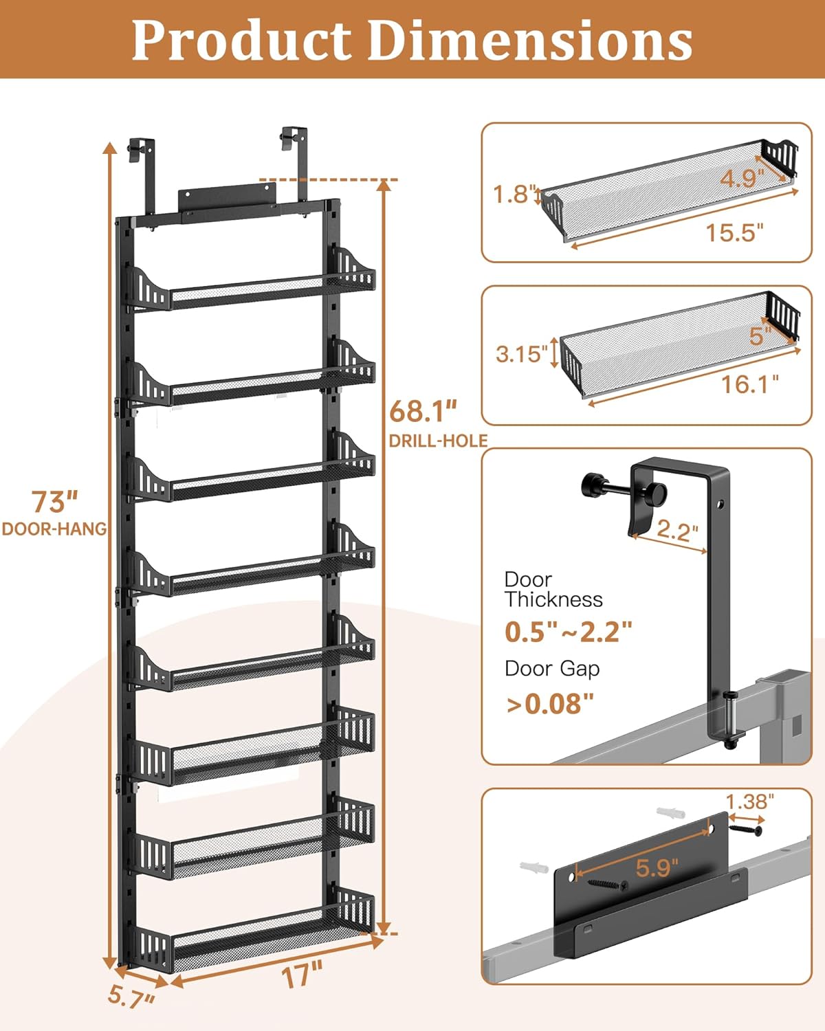Over the Door Pantry Organizer 8-Tier, Large Metal Door Spice Rack with Adjustable Basket, 2 in 1 Wall Mount or Hanging Heavy-Duty Pantry Door Storage Shelf for Kitchen and Bathroom, White