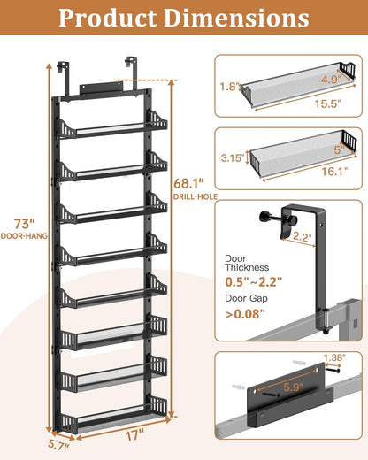 Over the Door Pantry Organizer 8-Tier, Large Metal Door Spice Rack with Adjustable Basket, 2 in 1 Wall Mount or Hanging Heavy-Duty Pantry Door Storage Shelf for Kitchen and Bathroom, White