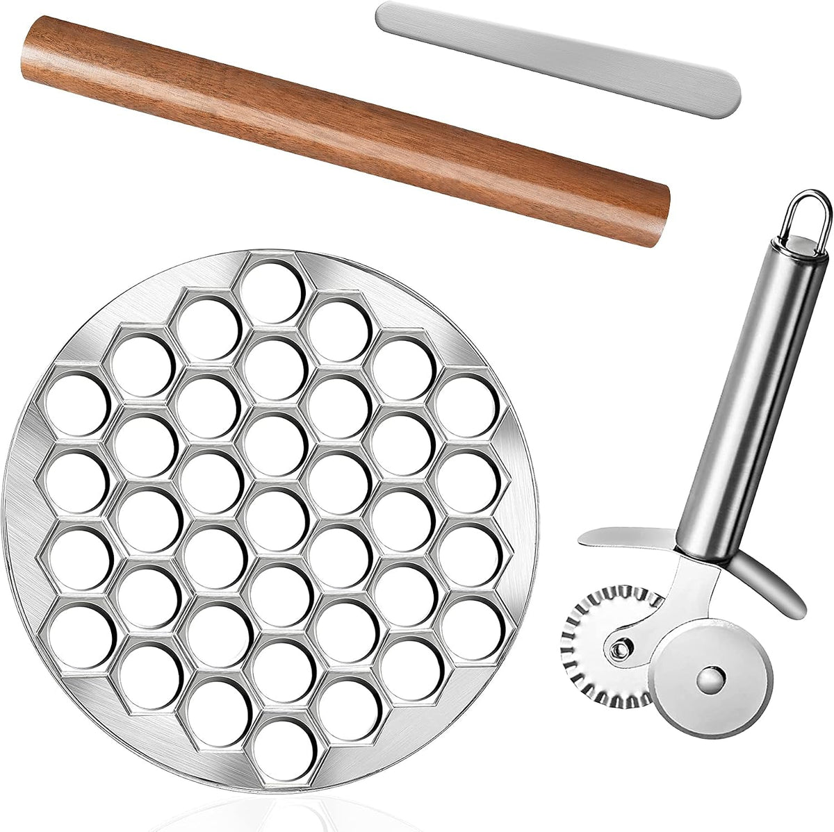 Ravioli Dumpling Mold, Food Grade Safe Dumplings Maker, Russian Pelmeni Maker with 37 Holes Double, Pastry Raviolis Wheel Cutter and Roller Pin for Making Dumplings Ravioli