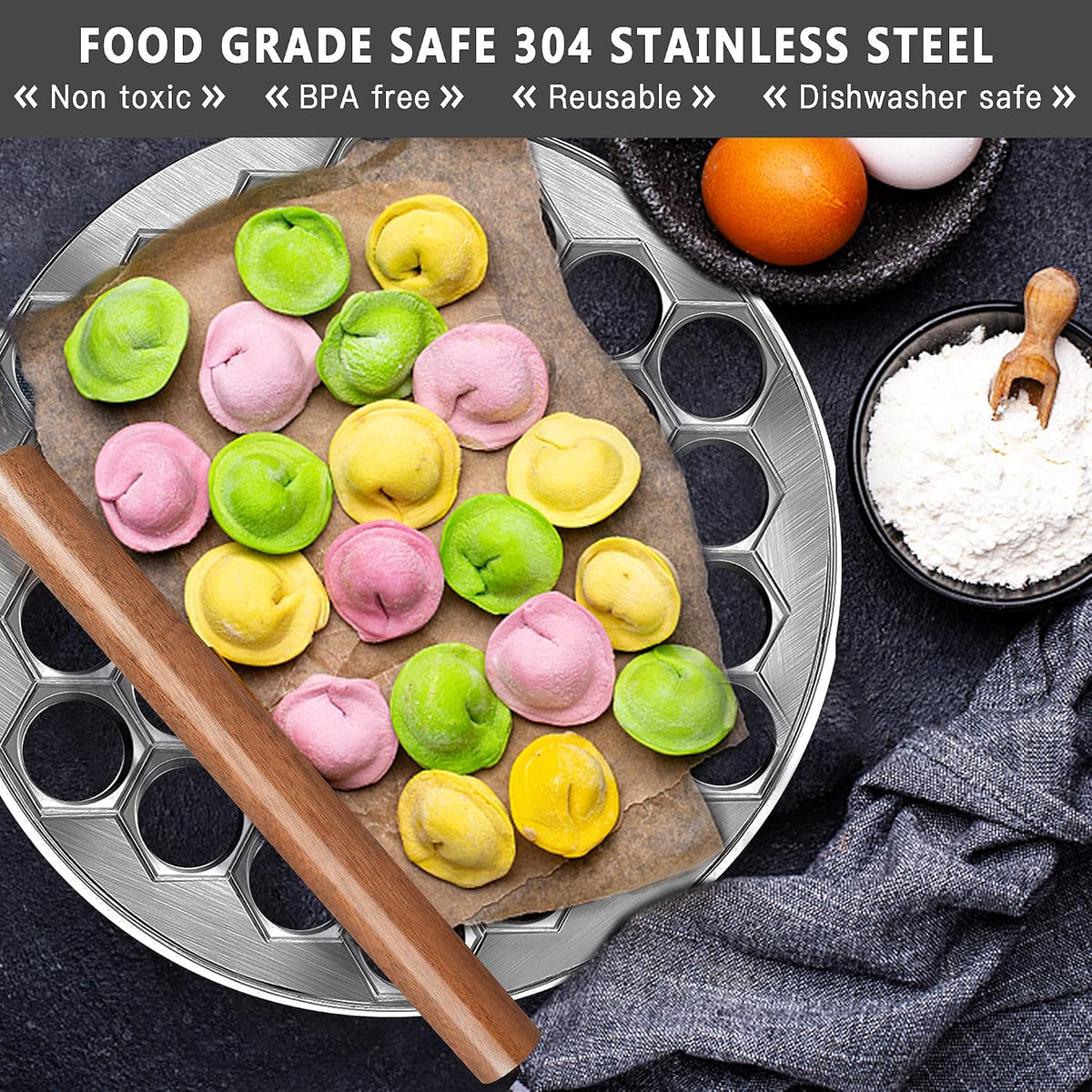 Ravioli Dumpling Mold, Food Grade Safe Dumplings Maker, Russian Pelmeni Maker with 37 Holes Double, Pastry Raviolis Wheel Cutter and Roller Pin for Making Dumplings Ravioli