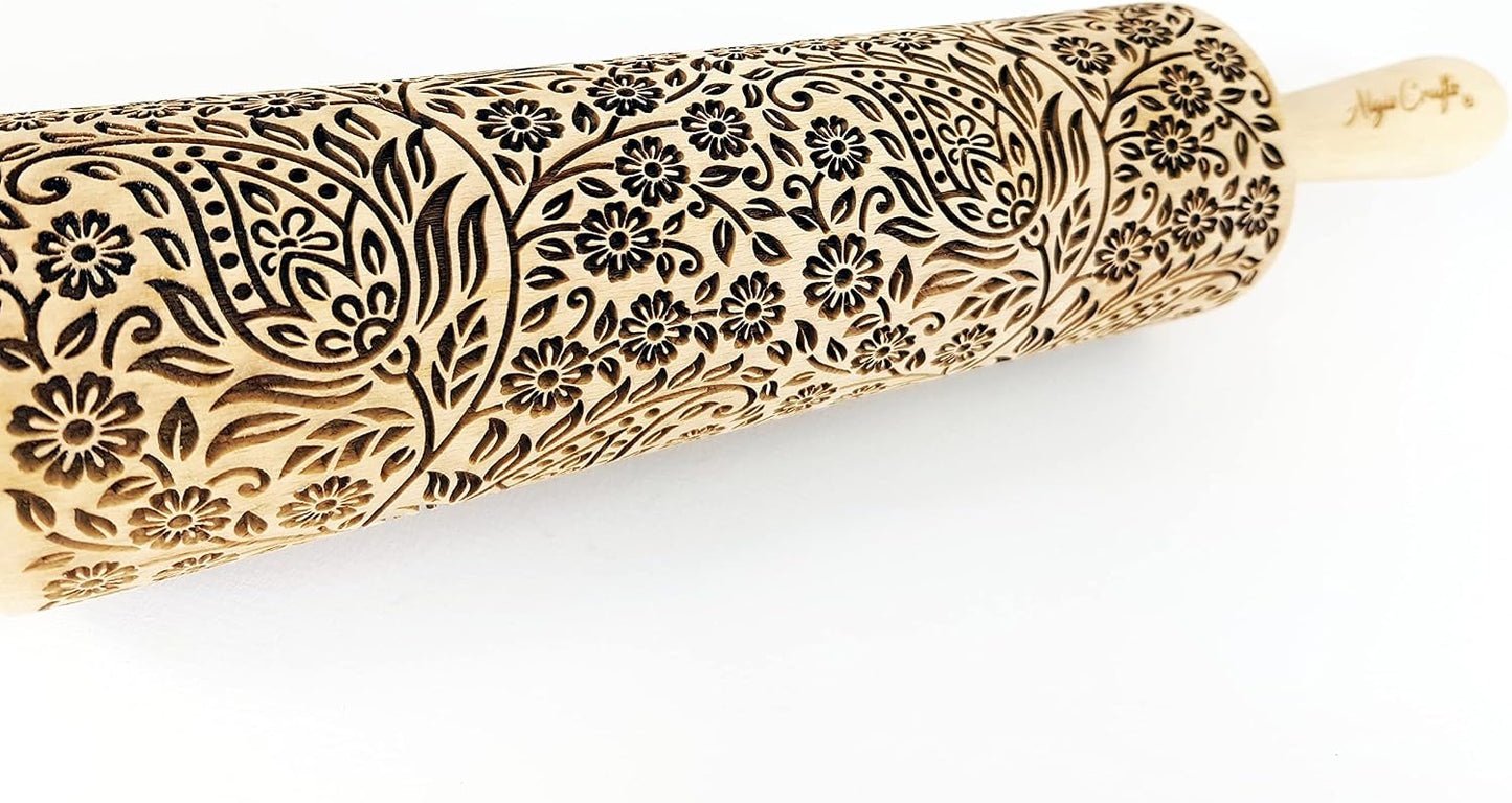 FLORAL WREATH Embossing Rolling Pin with Flowers Pattern. Dough and Clay Roller for Embossed Cookies and Pottery. Cookie and Ceramic Stamp. Backing Gifts for Women