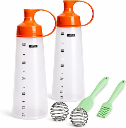 550ml Pancake Batter Dispenser Set of 2 with Mixing Balls, Clear Squeeze Bottle with Measurement Marks, Leakproof Cap, Batter Mixer Tool for Waffles, Crepes, Cupcakes with Spatula and Brush