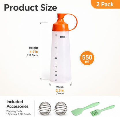 550ml Pancake Batter Dispenser Set of 2 with Mixing Balls, Clear Squeeze Bottle with Measurement Marks, Leakproof Cap, Batter Mixer Tool for Waffles, Crepes, Cupcakes with Spatula and Brush