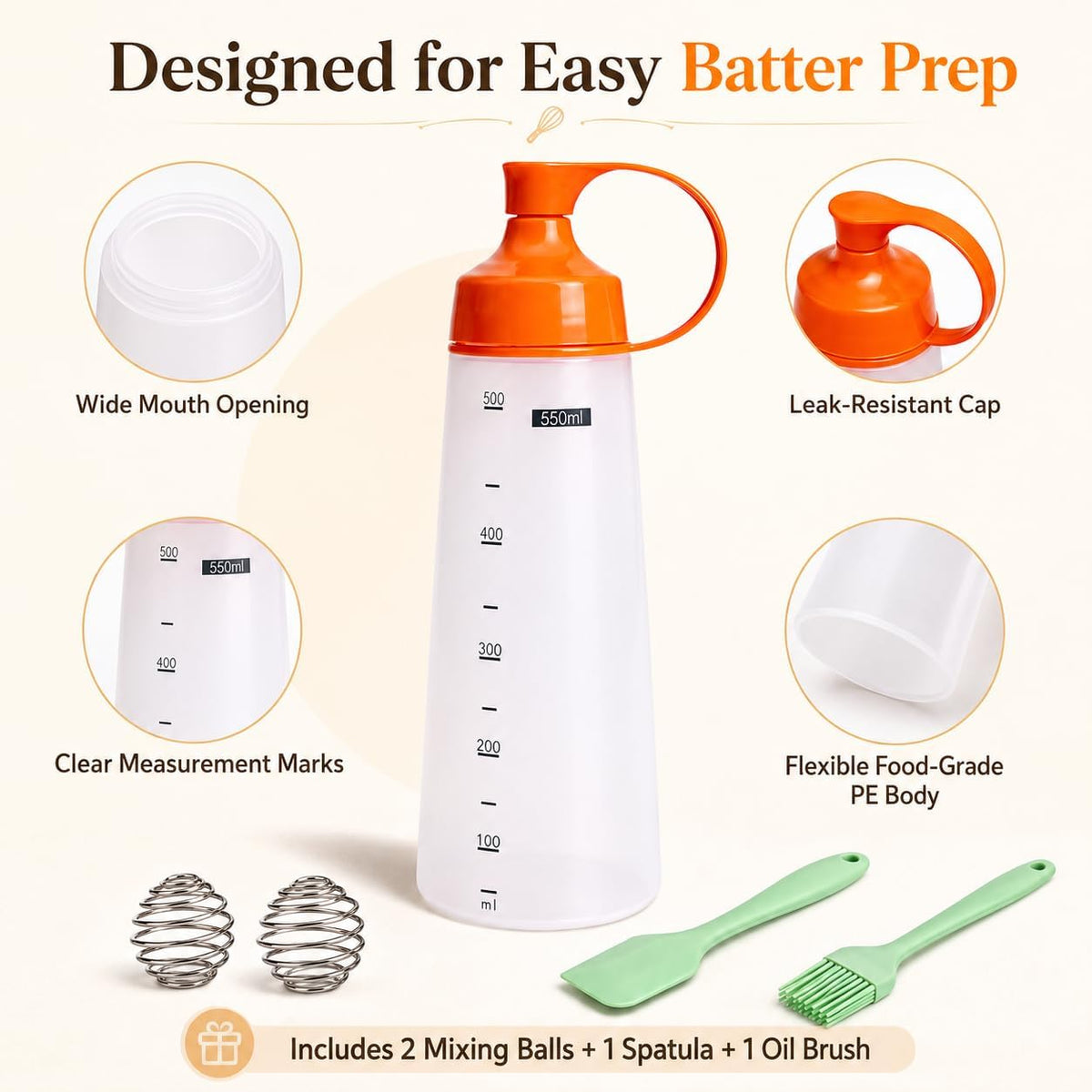 550ml Pancake Batter Dispenser Set of 2 with Mixing Balls, Clear Squeeze Bottle with Measurement Marks, Leakproof Cap, Batter Mixer Tool for Waffles, Crepes, Cupcakes with Spatula and Brush