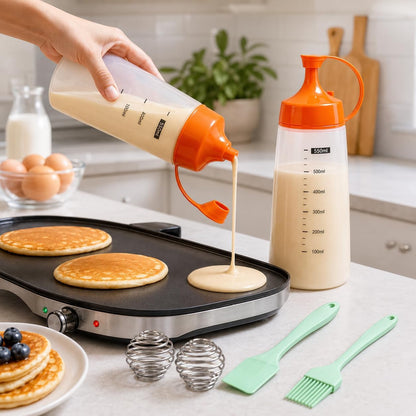 550ml Pancake Batter Dispenser Set of 2 with Mixing Balls, Clear Squeeze Bottle with Measurement Marks, Leakproof Cap, Batter Mixer Tool for Waffles, Crepes, Cupcakes with Spatula and Brush
