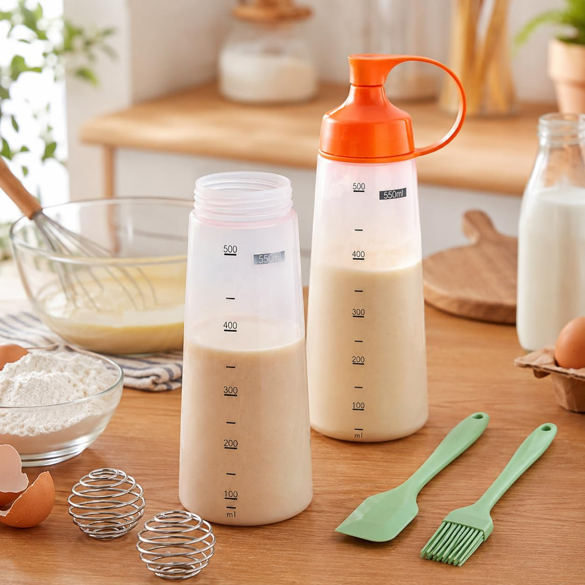 550ml Pancake Batter Dispenser Set of 2 with Mixing Balls, Clear Squeeze Bottle with Measurement Marks, Leakproof Cap, Batter Mixer Tool for Waffles, Crepes, Cupcakes with Spatula and Brush