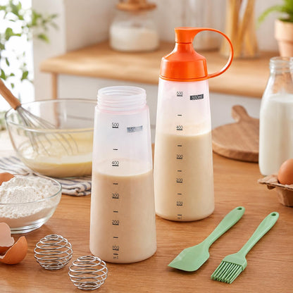 550ml Pancake Batter Dispenser Set of 2 with Mixing Balls, Clear Squeeze Bottle with Measurement Marks, Leakproof Cap, Batter Mixer Tool for Waffles, Crepes, Cupcakes with Spatula and Brush