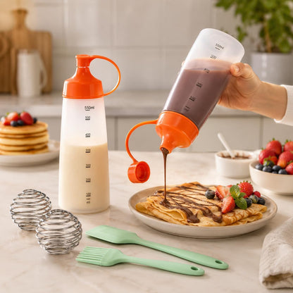 550ml Pancake Batter Dispenser Set of 2 with Mixing Balls, Clear Squeeze Bottle with Measurement Marks, Leakproof Cap, Batter Mixer Tool for Waffles, Crepes, Cupcakes with Spatula and Brush