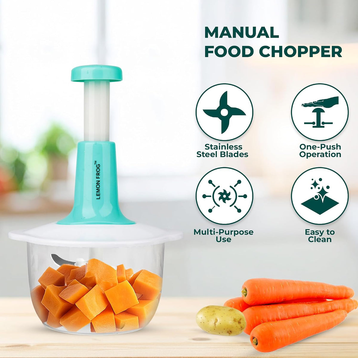 Manual Food Processor, Vegetable Chopper, Hand Press- Multipurpose– 2L Capacity | Effortless Food Prep for Fruits, Veggies, Herbs, Nuts, Onions, Salad & Dressings, Salsa, Guacamole and Many More!