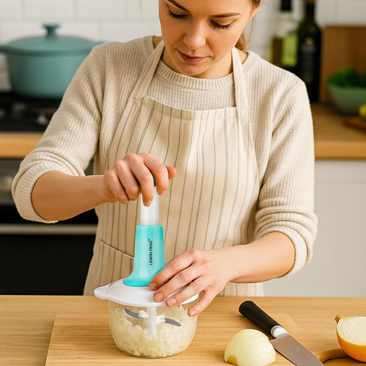 Manual Food Processor, Vegetable Chopper, Hand Press- Multipurpose– 2L Capacity | Effortless Food Prep for Fruits, Veggies, Herbs, Nuts, Onions, Salad & Dressings, Salsa, Guacamole and Many More!