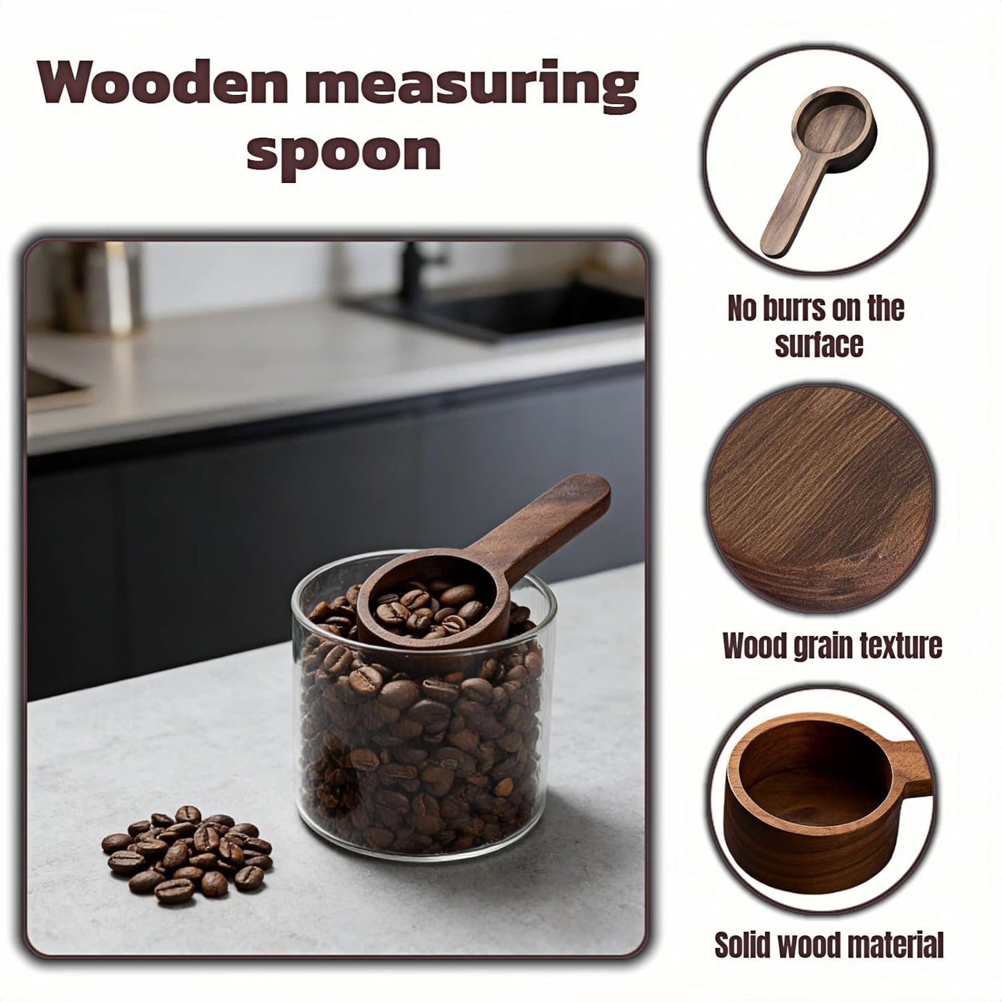 Walnut Wood Coffee Scoop & Measuring Spoon - 1 Tablespoon (15ml) for Ground Coffee, Tea, Spices, Protein Powder - Non-Scratch Kitchen Utensil, Reusable Stirring Spoon, Travel-Friendly Cooking Tool