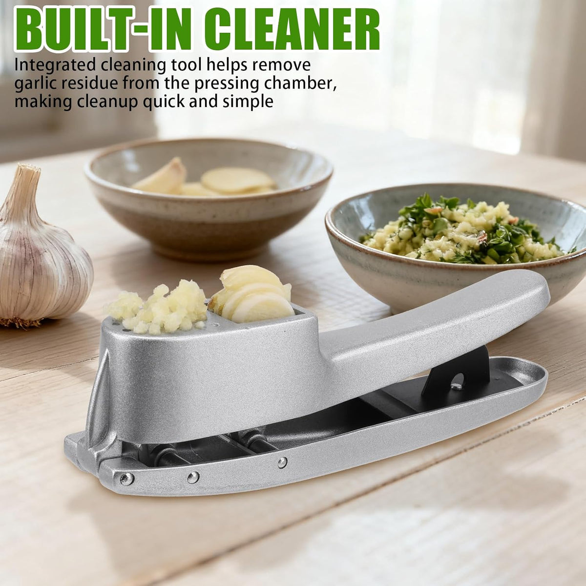 2 in 1 Garlic Press and Slicer with Built-In Cleaner and Silicone Peeler