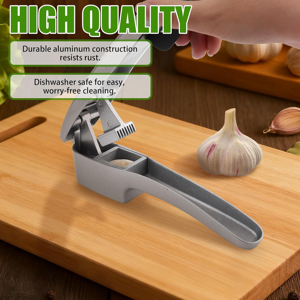 2 in 1 Garlic Press and Slicer with Built-In Cleaner and Silicone Peeler