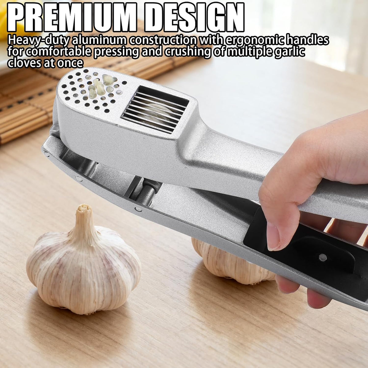 2 in 1 Garlic Press and Slicer with Built-In Cleaner and Silicone Peeler