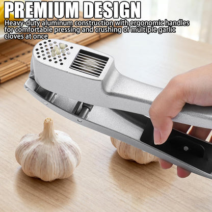 2 in 1 Garlic Press and Slicer with Built-In Cleaner and Silicone Peeler