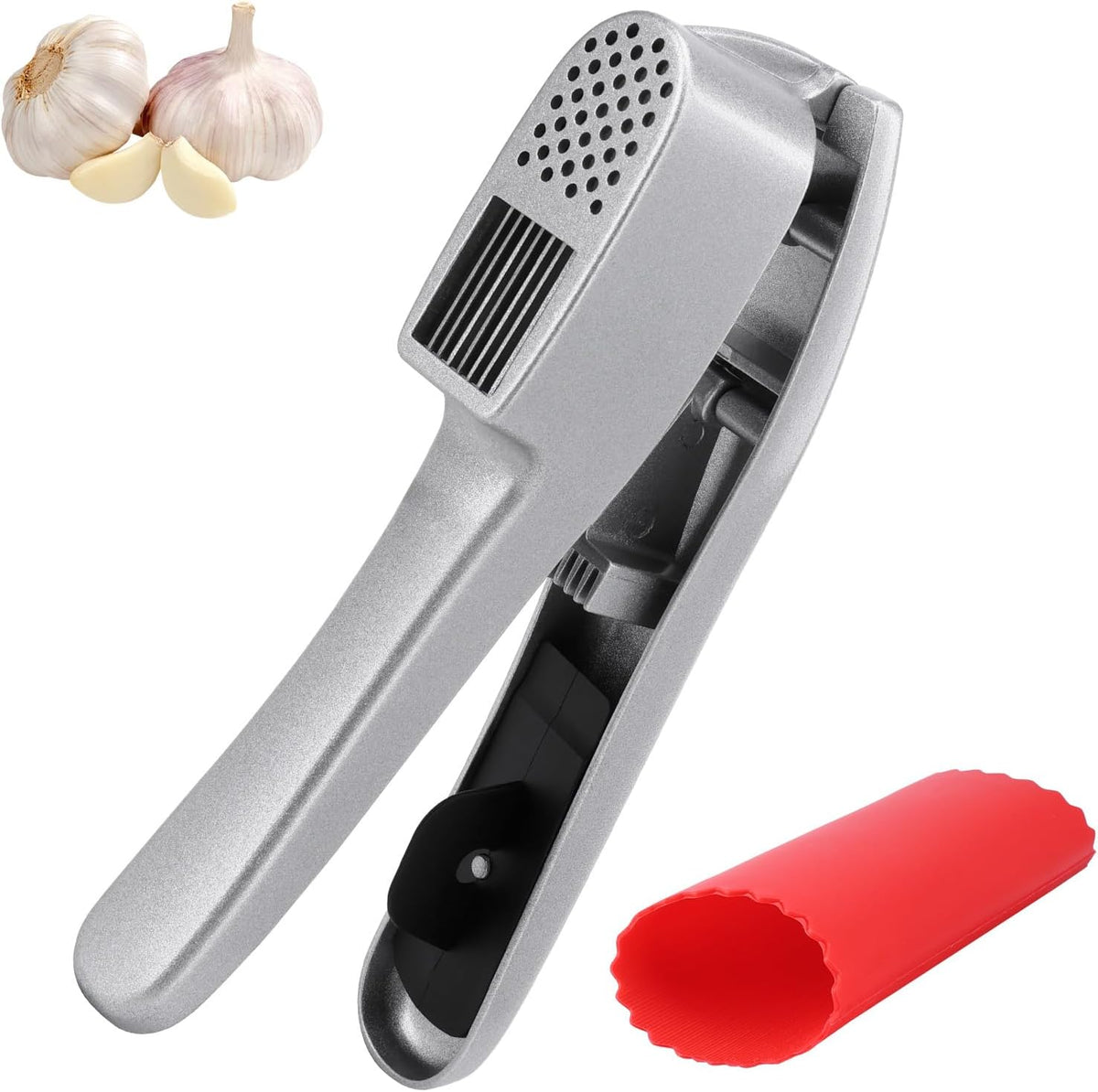 2 in 1 Garlic Press and Slicer with Built-In Cleaner and Silicone Peeler