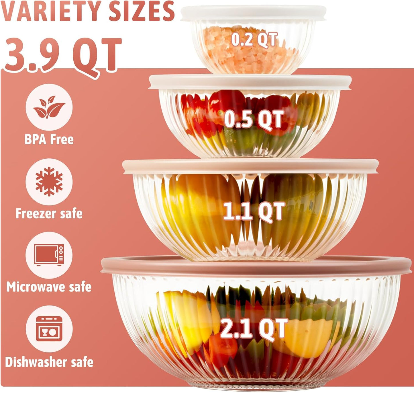 Glass Mixing Bowls with Lids Sets, 4 Packs Glass Bowls with Lids for Kitchen Baking, Meal Prepping and Salad, Bpa Free and Dishwasher Safe Serving Bowls, 0.2/0.5/1.1/2.1