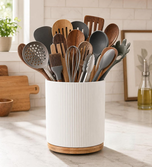 Large Ceramic 360° Rotating Utensil Holder, Cream Milk White | 7.76" Jumbo Utensil Crock for Cooking Utensils, with Rotable Bamboo Base, Durable Countertop Storage for Home Kitchen