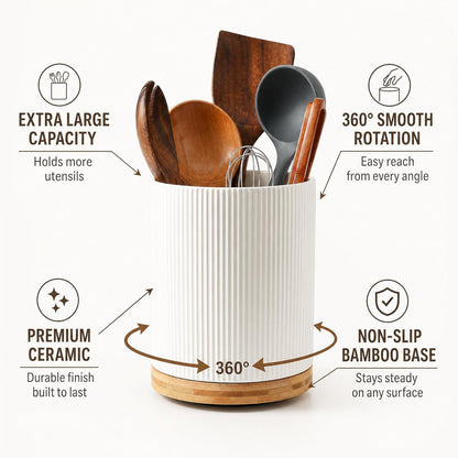Large Ceramic 360° Rotating Utensil Holder, Cream Milk White | 7.76" Jumbo Utensil Crock for Cooking Utensils, with Rotable Bamboo Base, Durable Countertop Storage for Home Kitchen