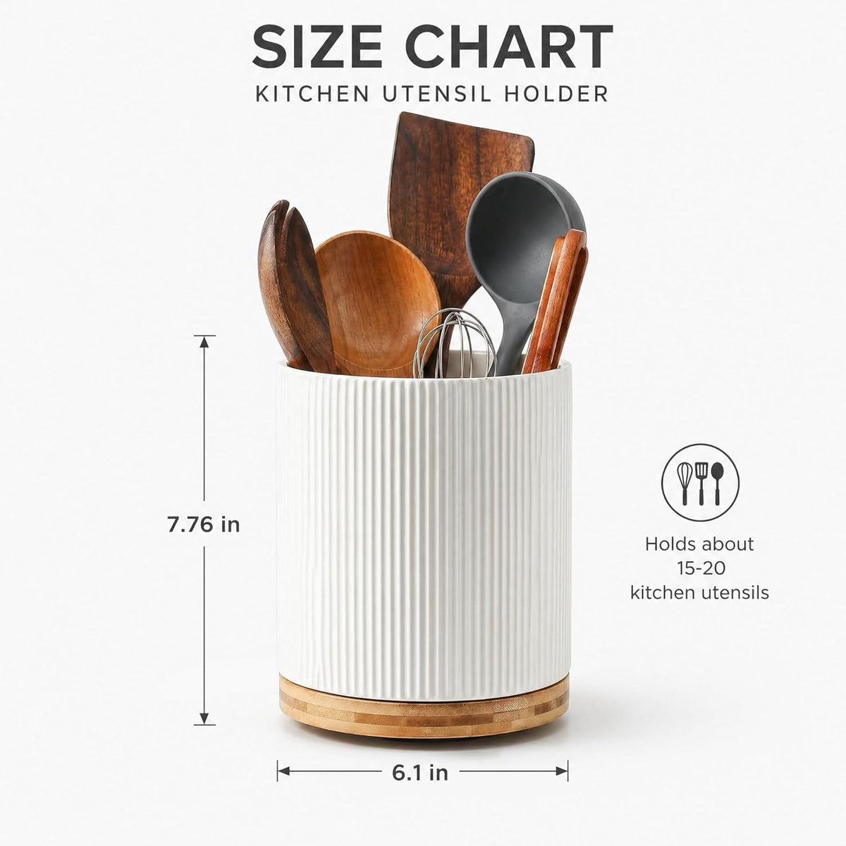 Large Ceramic 360° Rotating Utensil Holder, Cream Milk White | 7.76" Jumbo Utensil Crock for Cooking Utensils, with Rotable Bamboo Base, Durable Countertop Storage for Home Kitchen