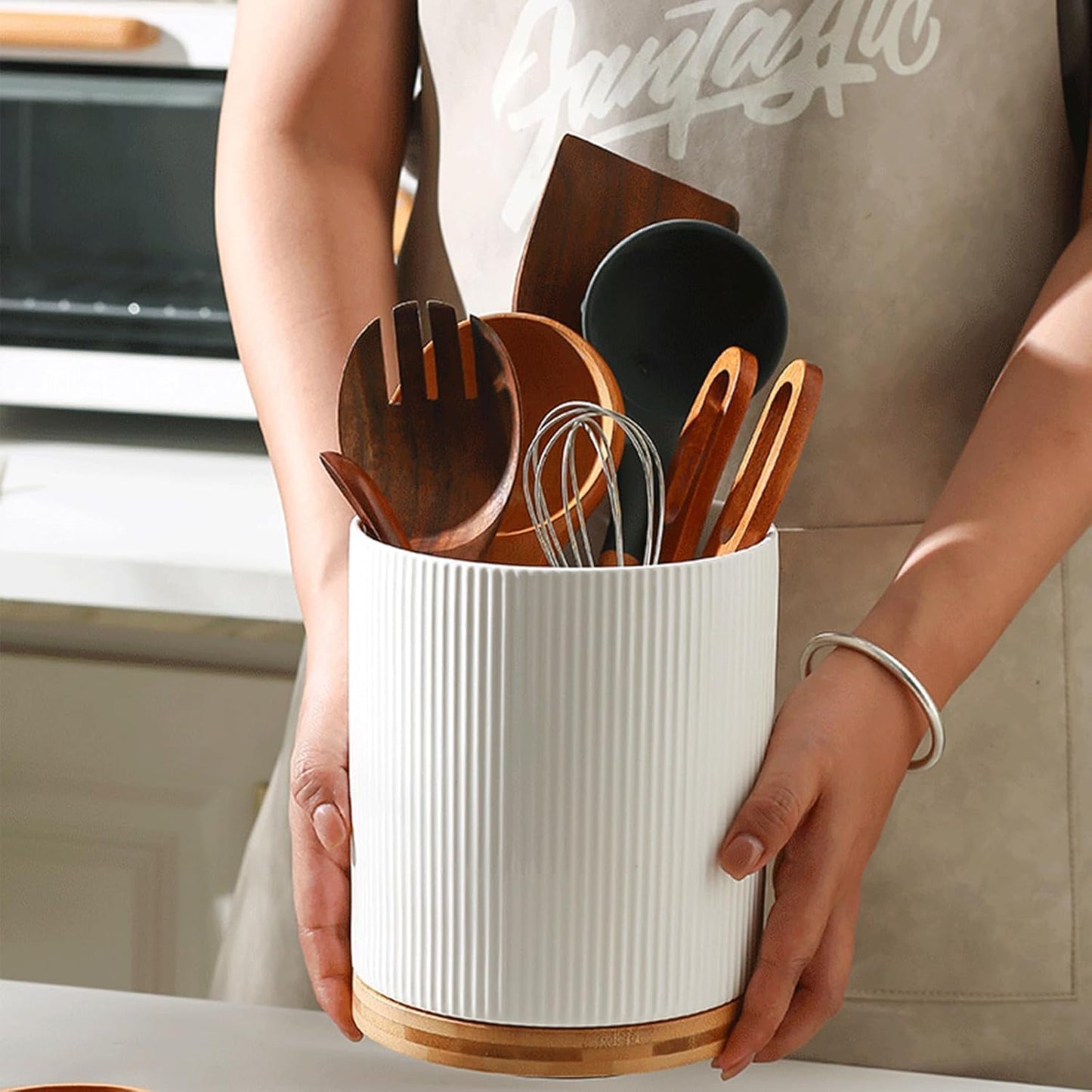 Large Ceramic 360° Rotating Utensil Holder, Cream Milk White | 7.76" Jumbo Utensil Crock for Cooking Utensils, with Rotable Bamboo Base, Durable Countertop Storage for Home Kitchen