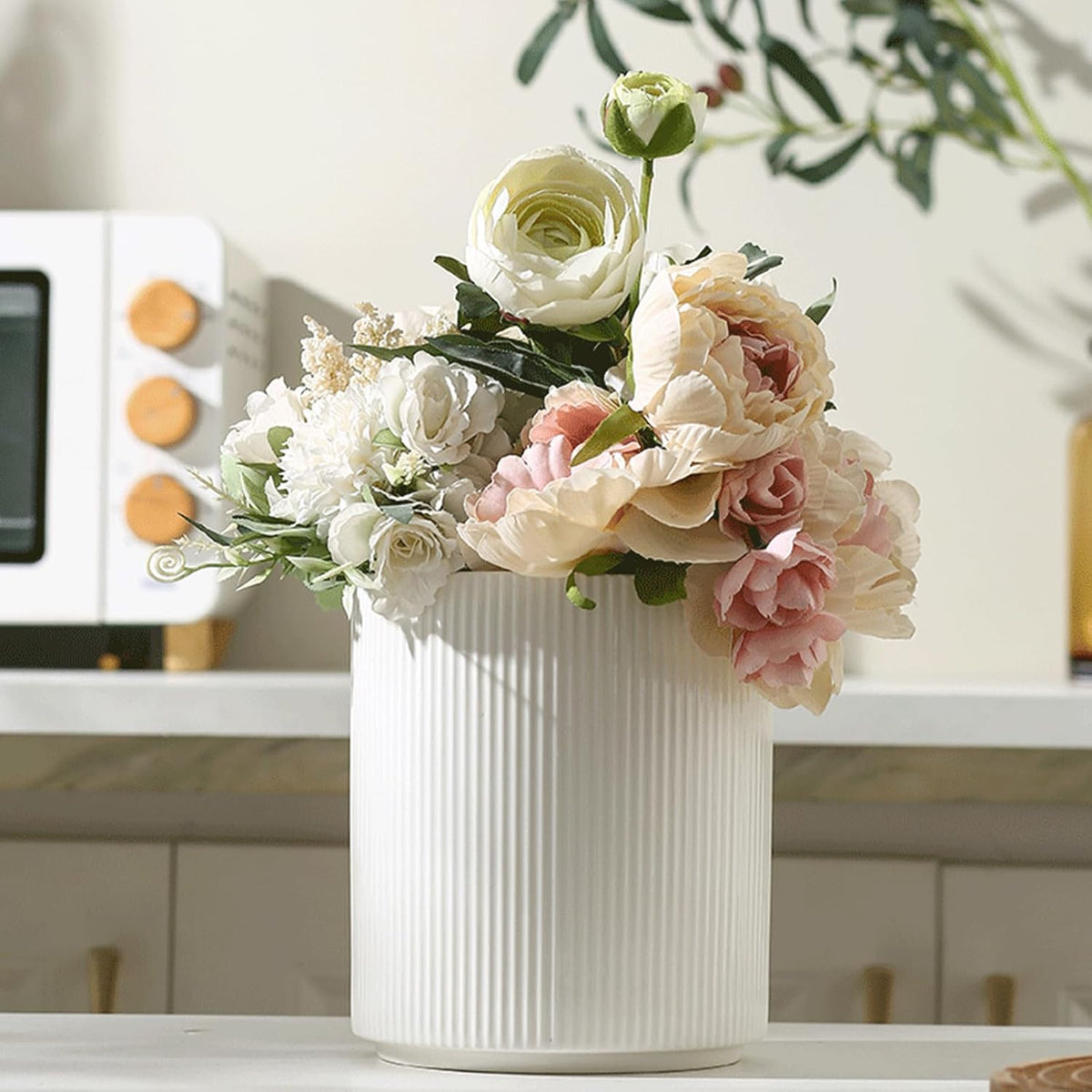 Large Ceramic 360° Rotating Utensil Holder, Cream Milk White | 7.76" Jumbo Utensil Crock for Cooking Utensils, with Rotable Bamboo Base, Durable Countertop Storage for Home Kitchen