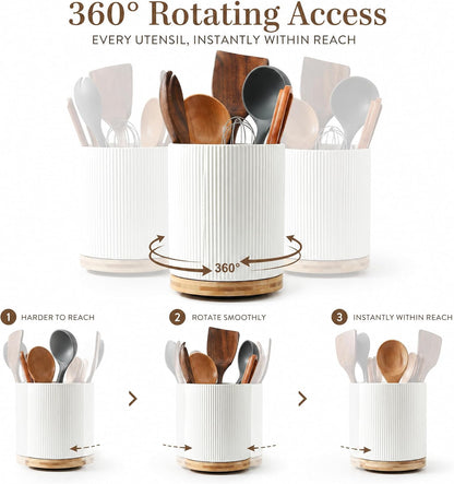 Large Ceramic 360° Rotating Utensil Holder, Cream Milk White | 7.76" Jumbo Utensil Crock for Cooking Utensils, with Rotable Bamboo Base, Durable Countertop Storage for Home Kitchen