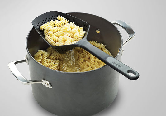 Scoop Plus Colander, Spoon Drainer/Strainer, Scoop, Drain and Serve, heat resistant up to 200°C (392°F), Dishwasher safe, Large, Black