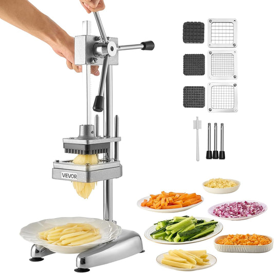 Commercial French Fry Cutter, Stainless Steel Vegetable Fruit Chopper with 3 Replacement Blades 1/2-Inch 3/8-Inch 1/4-Inch, Manual Potato Slicer Dicer for Restaurants & Home Kitchen